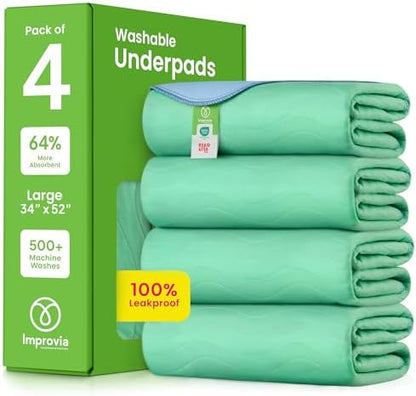 IMPROVIA® Washable Underpads, 34" x 36" (Pack of 4) - Heavy Absorbency Reusable Bedwetting Incontinence Pads for Kids, Adults, Elderly, and Pets - Waterproof Protective Pad for Bed, Couch, Sofa, Floor