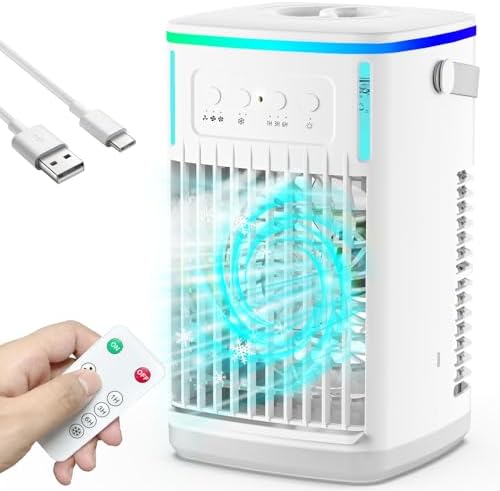 Portable Air Conditioners Fan with Remote, 4-in-1 Portable AC with 1500ml Water Tank, 3 Wind Speeds, 6H Timer, 2 Cool Mist, 7 Lights, Personal Mini Air Conditioner for Room Bedroom Office (Black)