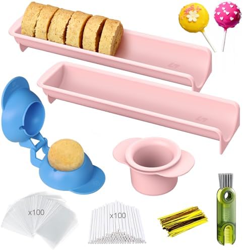 305Pcs Cake Pop Mold Kit, Durable PP Cake Pop Cutter and Pusher with 2 Trays， Circle Cake Pop Molds Shapes with Lollipop Sticks, Treat Bags, Twist Ties, Brush, Cake Pop Maker for Home Baking Desserts