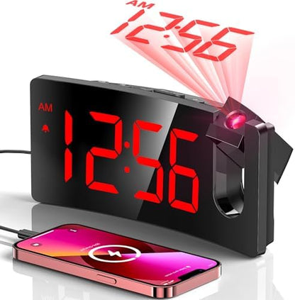 GOLOZA Projection Alarm Clock, Digital Clock with Modern Curved Design 180° Rotatable Projector, 3-Level Brightness Dimmer, Clear Blue LED Display, Progressive Volume, 9mins Snooze,12/24H, for Bedroom