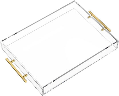 NIUBEE Clear Acrylic Serving Tray 12x16” – Spill-Proof Decorative Tray with Gold Handles for Coffee Table, Ottoman, Countertop, Breakfast, Drinks & Food - PuriLite