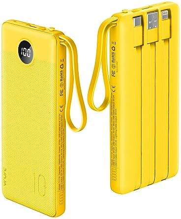 VRURC 10000mAh Power Bank Built-in Cables, Portable Charger with LED Display, Slim Intelligent Travel Battery Pack with Cords, 5 Output Dual Input Phone Charger for Cell Phone Smart Devcies-Blue