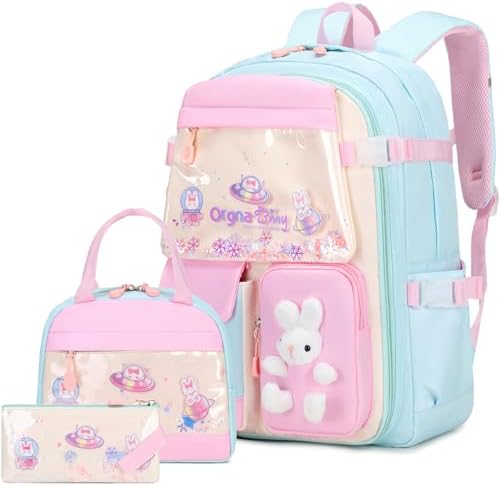 FIXITOK Girls Backpack Set, 3PCS Kids Backpack for Girls, Kawaii Bunny School Backpacks for Girl Kindergarten Elementary Preschool Middle School Bags with Lunch Box Pencil Case Aquamarine
