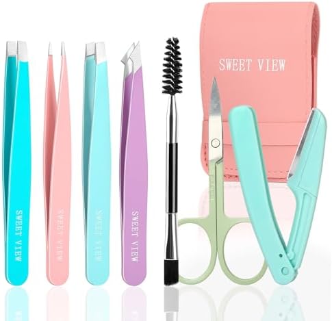 SWEET VIEW 7pcs Eyebrow Tweezers Set, Stainless Steel Tweezers for Women and Man, Precision Plucker Tweezers for Facial Hair, Chin, Eyebrow, Splinter and Ingrown Hair Removal