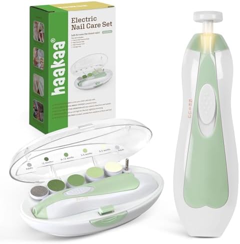 haakaa Baby Nail Trimmer Electric Safe Baby Nail Clippers Baby Nail File Kit Manicure Set, Trim Polish Grooming kit for Newborn Toddler or Adults Toes Fingernails, 6 Grinding Heads and LED Light