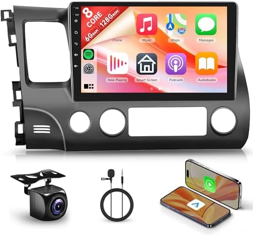 8 Core 6G 128G Android Car Stereo for Honda Civic 2006-2011 Wireless Carplay Android Auto, 10.1’’ Touchscreen Car Radio with Bluetooth GPS Navigation WiFi Mirror Link FM/RDS DSP AHD Backup Camera SWC