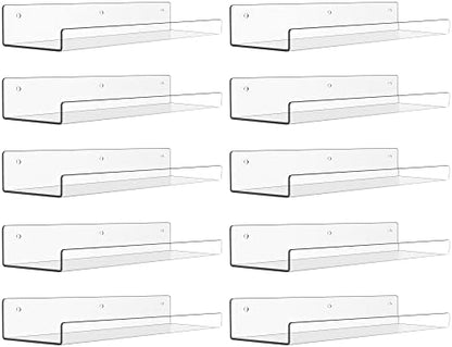 upsimples Clear Acrylic Shelves for Storage, 15" Floating Shelves Wall Mounted for Kids Bookshelf/Display Ledge for Bedroom, Living Room, Bathroom, Kitchen, Set of 4