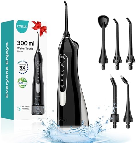 COSLUS Water Teeth Flosser: 300ML Cordless Electric Water Tooth Flossing Rechargeable IPX7 Waterproof Portable Travel Flossers Set for Teeth