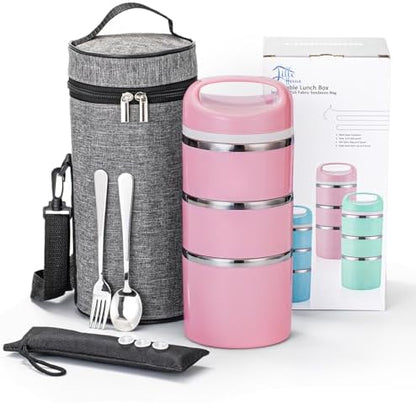 Lille Home Stackable Stainless Steel Thermal Compartment Lunch/Snack Box, 3-Tier Insulated Bento/Food Container with Lunch Bag, Cutlery Set and 3 Extra Seals, 43OZ (Gray)