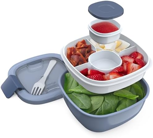 Bentgo Salad - Stackable Lunch Container with Large 54-oz Salad Bowl, 4-Compartment Bento-Style Tray for Toppings, 3-oz Sauce Container for Dressings, Built-in Reusable Fork & BPA-Free (Khaki Green)