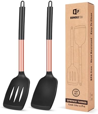 Pack of 2 Silicone Slotted Spatula,Non Stick Solid Kitchen Turner, High Heat Resistant BPA Free Cooking Utensils for Fish, Eggs, Pancakes（Black