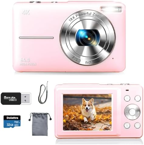 4K Digital Camera for Photography, 64MP Autofocus Vlogging Cam for YouTube, Anti-Shake, 3.0'' LED Screen, 18X Zoom, Pink Point and Shoot Digital Camera for Teens Adult Beginner, 32GB TF Card