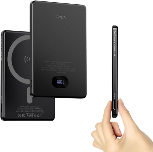 Acsin Magnetic Portable Charger Ultra Slim 5000mAh Battery Pack,Wireless Power Bank with LED Display 20W Two Way USB-C Charging for iPhone 16/16 Pro/16 Pro Max/15/14/13/12 Series (Black)