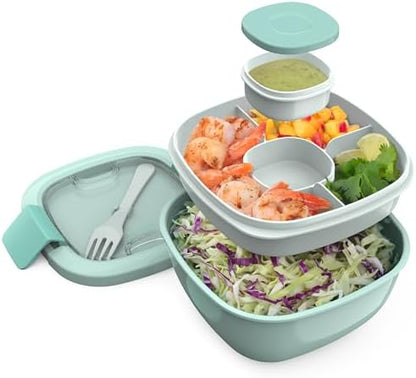 Bentgo Salad - Stackable Lunch Container with Large 54-oz Salad Bowl, 4-Compartment Bento-Style Tray for Toppings, 3-oz Sauce Container for Dressings, Built-in Reusable Fork & BPA-Free (Khaki Green)
