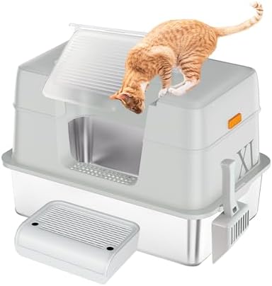 TENTIZON Stainless Steel Cat Litter Box, Extra Large Enclosed Kitty Litter Box with Removable Lid, Scoop, Pedal, XL High Sided Metal Litter Pan for Kitten, Big Cats Up to 11KG