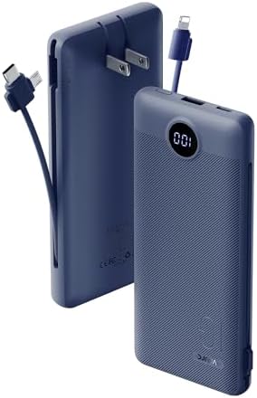 Portable Charger Built-in Cables and AC Wall Plug, VRURC USB C Power Bank 10000mAh, [2025 Upgraded Version] Phone Charger Compact Lightweight External Battery Pack for Smart Phones,Navy Blue