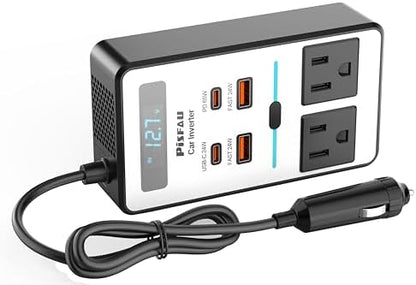 200W Car Power Inverter, PiSFAU DC 12V to 110V AC Car Plug Adapter Outlet with [20W USB-C] /USB-Fast Charger(18W) / 4.8A Dual USB/car Charger for Laptop