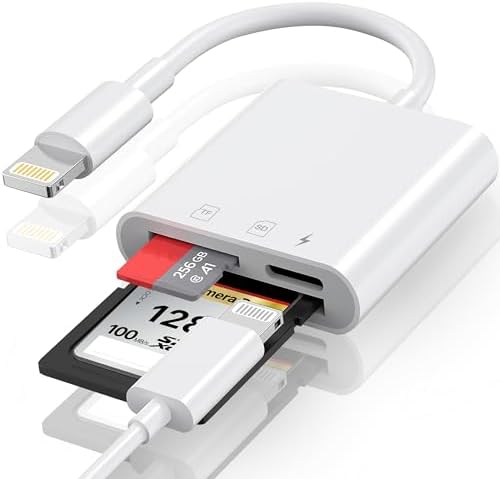 Lightning to Sd Card Reader for iPhone Camera, [Apple MFi Certified] Dual Card Slot Memory Card Readers Supports SD and TF Card, Plug and Play Sd Card Adapter Compatible with iPhone