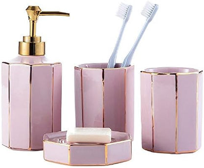 WPM 4 Piece Ceramic Bath Accessory Set | Includes Bathroom Designer Soap or Lotion Dispenser w/Toothbrush Holder, Tumbler, Soap Dish Choose from Purple, Black, Brown, Navy or Burgundy (Brown)