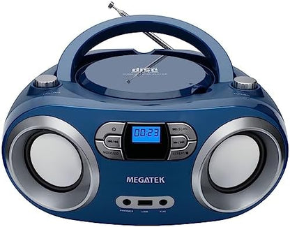 MEGATEK Portable CD Player Boombox with FM Radio, Bluetooth, USB Port, AUX Input, and Headphone Jack – CD-R/CD-RW/MP3-CD Compatible, Clear Stereo Sound, Backlit LCD Display – Black