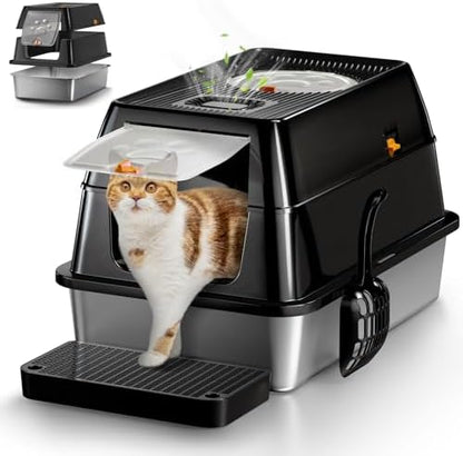 Eosarcu Stainless Steel Cat Litter Box with Lid, 180° Flip-Top XL Extra Large Enclosed Litter Box, Covered Metal High Sided Litter Pan with Steps & Scoop, Easy Cleaning, Odor Control,Non-Sticky-Black