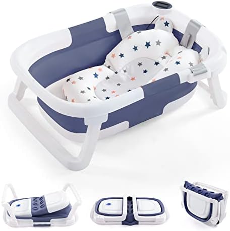 Baby BathTub, 4-in-1 Newborn to Toddler Tub with Temperature Sensor,Infant Waterproof Ear Cap and Soft Cushion included,Grey