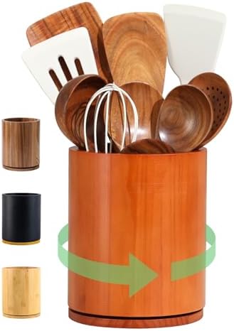 Wooden Utensil Holder | Rotating Utensil Organizer | Kitchen Counter Storage Crock | Farmhouse Countertop Decor | Cooking Utensil Stand - PuriLite