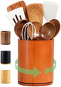 Wooden Utensil Holder | Rotating Utensil Organizer | Kitchen Counter Storage Crock | Farmhouse Countertop Decor | Cooking Utensil Stand - PuriLite