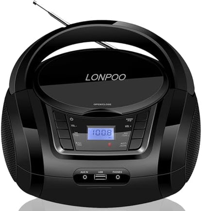 LONPOO Portable CD Player | Stereo Bluetooth Boombox | FM Radio Turn Knob | Auto Lid Open Button | Big LCD Display | Concealed Ports of USB/AUX/Earphone | Rear Power Protection Button (LP-D12)