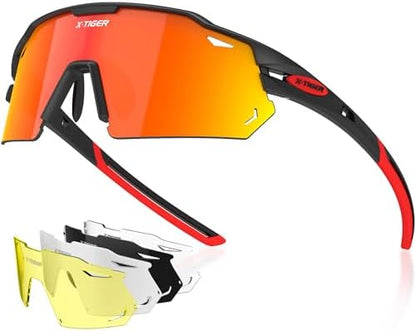 X-TIGER Polarized Cycling Glasses with 5 Interchangeable Lenses,MTB Biking Baseball Running Sports Sunglasses for Men Women