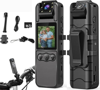 1080P Body Cameras with Audio and Video Recording| 180° Rotating Lens | 6-8HR Battery | Night Vision | 64GB SD Card | 1.3" LCD | Portable Security Cam for Police, Law Enforcement, Outdoors & Meetings