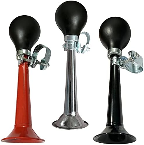 3 Pack Bike Bugle Horn Metal Air Horn Retro Metal Squeeze Bulb Clown Horn Fits Kids Bicycle Handle Bar and Golf Cart, Silver, Black , Red
