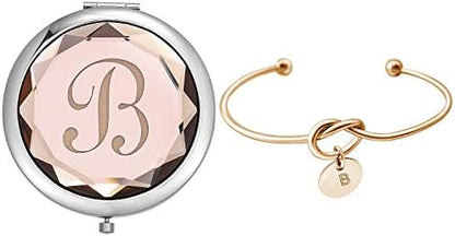 Compact Crystal Pocket Makeup Mirrors Set - Letter Mirror and Love Knot Bracelets for Bachelorette Party, Bridesmaid Proposal, Wedding Gifts (Champagne-B)