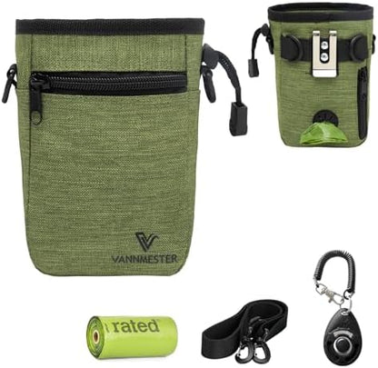 VANNMESTER Dog Treat Pouch with Stronger Magnetic Closure Dog Treat Pouch 4 Cup Front Pocket fits All Phones Built-in Poop Bag Dispenser (Green)