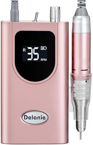 Delanie Professional Nail Drill High Torque 35000 RPM Rechargeable Portable Electric Nail File for Acrylic & Gel, High Speed, Low Heat, Low Vibration, Rose Gold