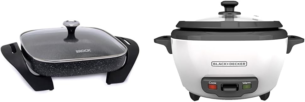 Starfrit The Rock Electric Skillet - 12" x 12" - Rock.Tec Non-Stick Cooking Surface - Tempered Glass Lid - 1200W