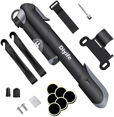 Bike Pump, [120 PSI][17in1] Diyife Bicycle Pump with Gauge, Mini Bike Frame Pump, Portable Bike Tire Pump with Needle, Patch Kit, Valve Cap, Mounting Bracket for Road Mountain Bike Fit Presta Schrader