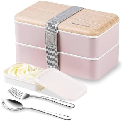 Original Bento Box Lunch Boxes Container Bundle Divider Japanese Style with Stainless Steel Utensils Spoon and Fork (Pink)