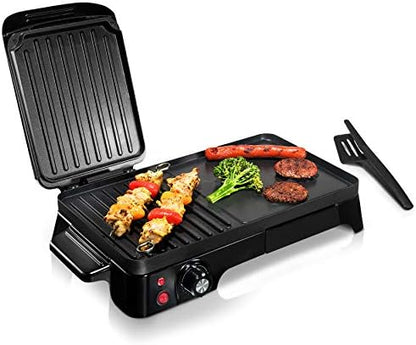 NutriChef Electric Griddle - Dual Hot Plate Cooktop Crepe Maker with Press Grill, Nonstick Coating, Rotary Temperature Control, Plug-in Operation & Oil Tray for Kitchen & Countertop (PKGRIL43)