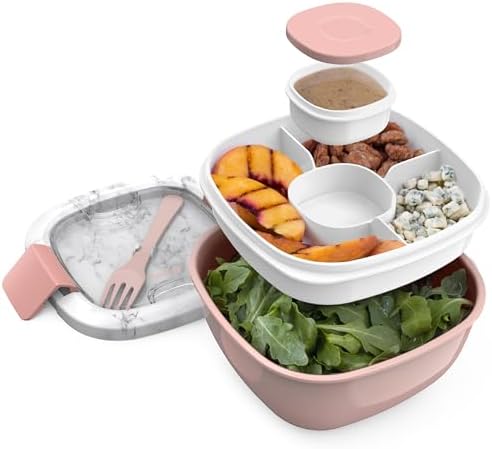 Bentgo Salad - Stackable Lunch Container with Large 54-oz Salad Bowl, 4-Compartment Bento-Style Tray for Toppings, 3-oz Sauce Container for Dressings, Built-in Reusable Fork & BPA-Free (Khaki Green)