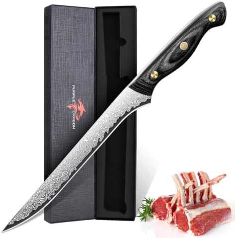 Purple Dragon Damascus Fish Fillet Knife - 7 inch Flexible Boning Knife with VG10 Core, Kitchen Slicing Knife with Full Tang Handle, Birthday Dad Mom Gift