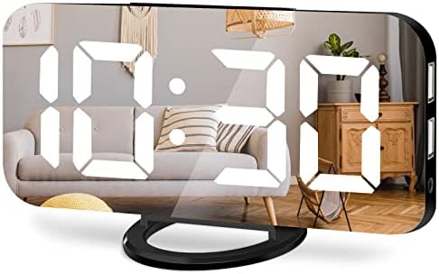 Digital Alarm Clock,Large LED Mirror Display, 2 USB Charging Ports，Auto Dim Mode，Modern Design Clock for Bedroom Office, White