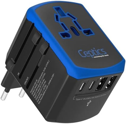 Ceptics Universal Travel Adapter kit, Dual USB (QC 3.0) + 2 US outlets + USB-C Cable, Use with Chargers, Cell Phones, Laptops, 6 Plug attachments for Worldwide use (Does Not Convert Voltage) (WPS-2B)