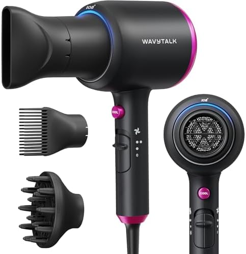 Wavytalk Hair Dryer with Diffuser, Blown Away Ionic Blow Dryer | 1875W Fast Drying, 3 Attachments for All Hair Types, Ceramic Technology, Compact Design, Lightweight and Quiet