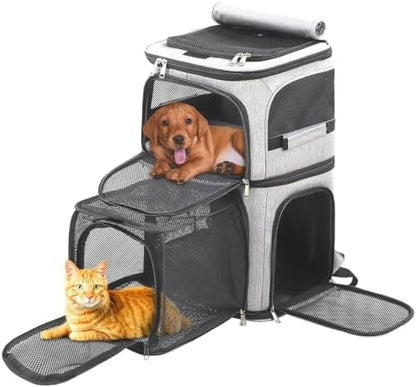 Pet Backpack Carrier Double-Compartment, Portable Pet Cat Carrier Travel for 2 Small Cats or Dogs, Breathable Large Size Cat Carrier Backpack, Perfect for Travel/Hiking/Camping/Walking Outdoor, Grey