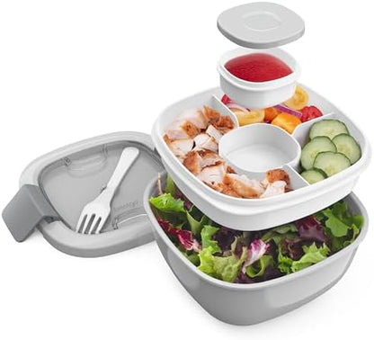 Bentgo Salad - Stackable Lunch Container with Large 54-oz Salad Bowl, 4-Compartment Bento-Style Tray for Toppings, 3-oz Sauce Container for Dressings, Built-in Reusable Fork & BPA-Free (Khaki Green)
