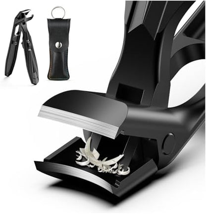 FERYES Angled Head Long Handled Toenail Clipper for Seniors - Large Wide Jaw Nail Clipper with Catcher for Thick Nails - Easier Trimming, Ergonomic Design (Black)