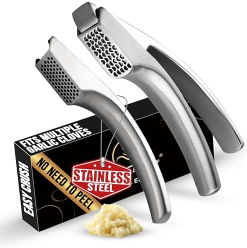 No Peeling Required Garlic Press Stainless Steel with Detachable Handle for Fine Mincing-Premium Garlic Mincer Tool, Rust-Proof, Easy to Clean, Dishwasher Safe Garlic Crusher with Lifetime Replacement