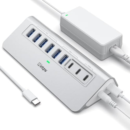 Powered USB Hub, Intpw 9-Port USB 3.2/USB C Hub with 10Gbps, 5*USB 3.0 + 45W PD Charging Ports, 3.3FT Cable and 65W Power Adapter, Aluminum USB Extender Hub for iphone16/ipad/Macbook/Laptop,PC