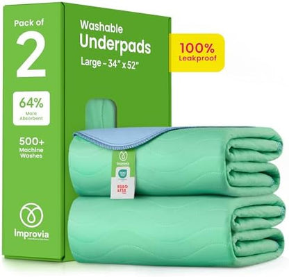 IMPROVIA® Washable Underpads, 34" x 36" (Pack of 4) - Heavy Absorbency Reusable Bedwetting Incontinence Pads for Kids, Adults, Elderly, and Pets - Waterproof Protective Pad for Bed, Couch, Sofa, Floor